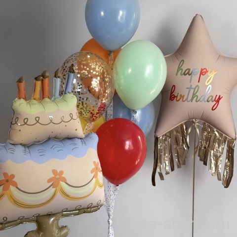 Композиция с тортом Happy Birthday и звездой с надписью