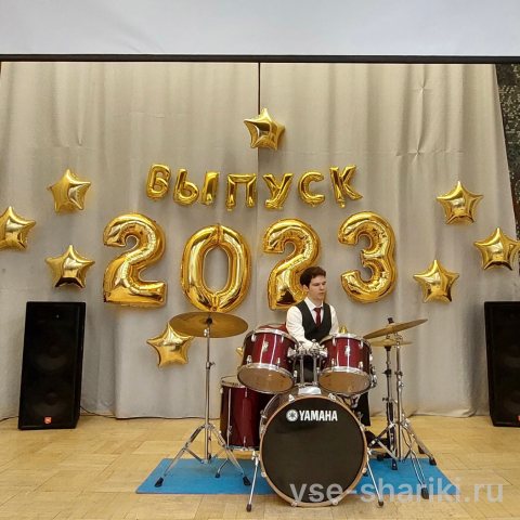 Комплект золотых шаров: надпись «Выпуск», 4 цифры и 9 звёзд