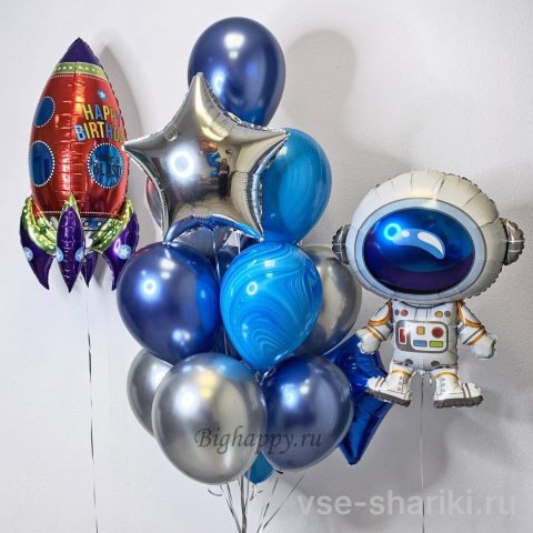 Композиция с космонавтом, ракетой и синими шарами хром