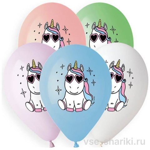 Шар с единорогом в очках-сердечках, пастельный, 35 см