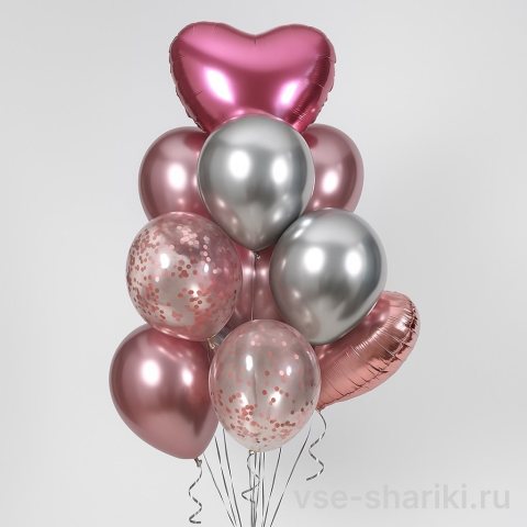 Фонтан из 12 шаров: розовые сердца, хром и конфетти