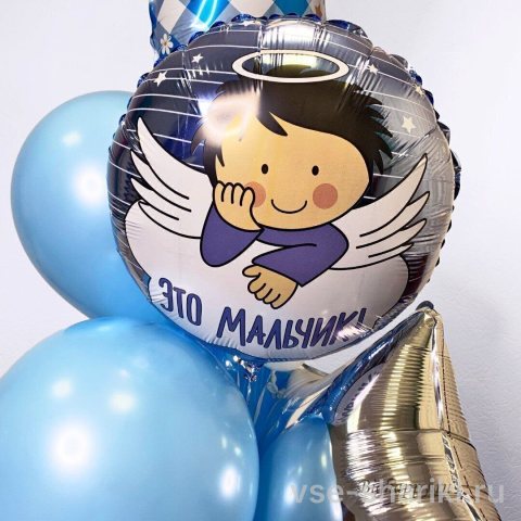 Шар-круг с ангелочком и надписью «Это мальчик» на выписку