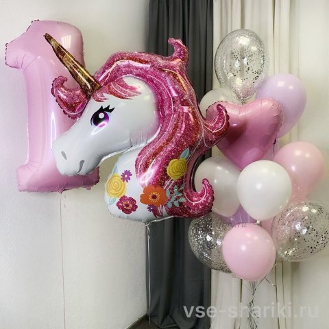 Композиция с головой единорога и цифрой для малышки