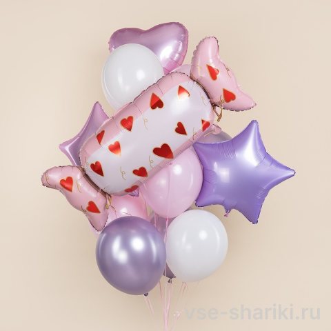 Фонтан из 10 шаров с гигантской конфетой в сердечках