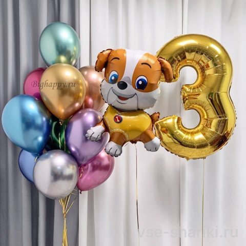 Композиция с фигурой Крепыша, цифрой и десятью шарами хром