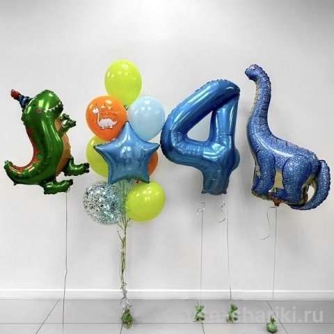 Композиция с цифрой, двумя динозаврами и фонтаном из 10 шаров