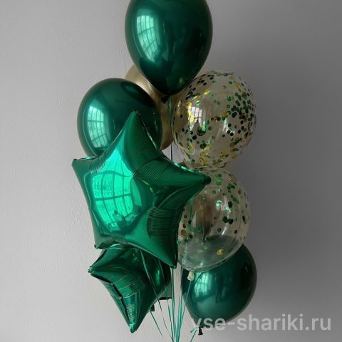 Фонтан из 9 шаров в зелёно-золотой гамме со звёздами