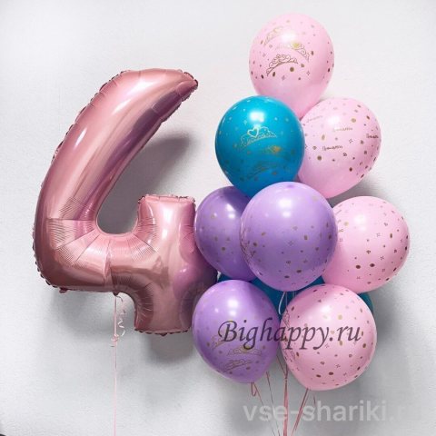 Композиция для девочки: шар-цифра и 12 пастельных шаров с рисунком