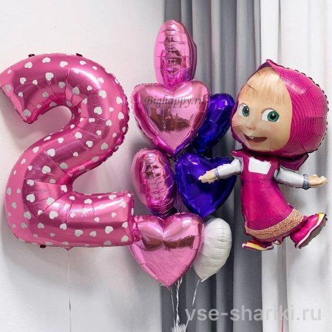 Композиция с танцующей Машей, цифрой и 10 сердцами из фольги