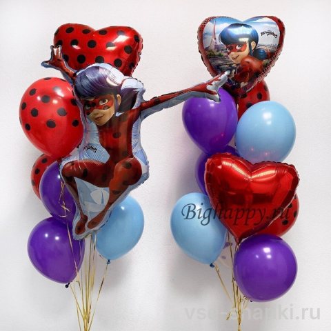 Фонтаны с фигурой Леди Баг и фольгированными сердцами