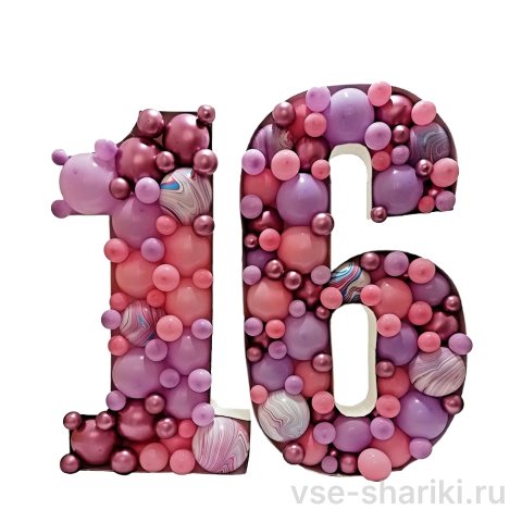 Число 16 из розовых и бордовых шаров в технике аэромозаики