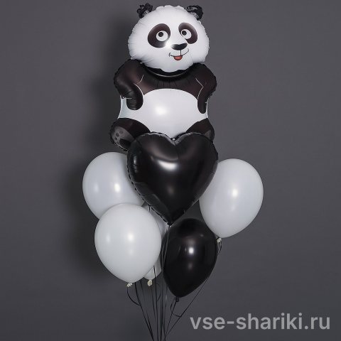 Букет с фольгированной пандой, белой звездой и чёрно-белыми сердцами