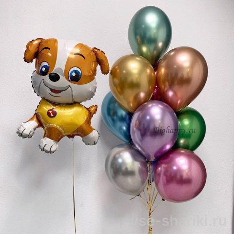 Композиция с Крепышом и 10 разноцветными шарами хром