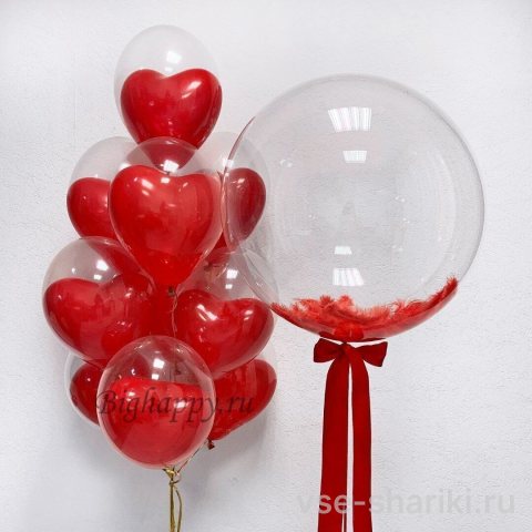 Композиция из 10 прозрачных шаров с сердечками внутри и баблс