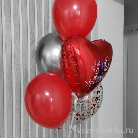 Фонтан имениннице: сердце с надписью и 4 красно-серебряных шара