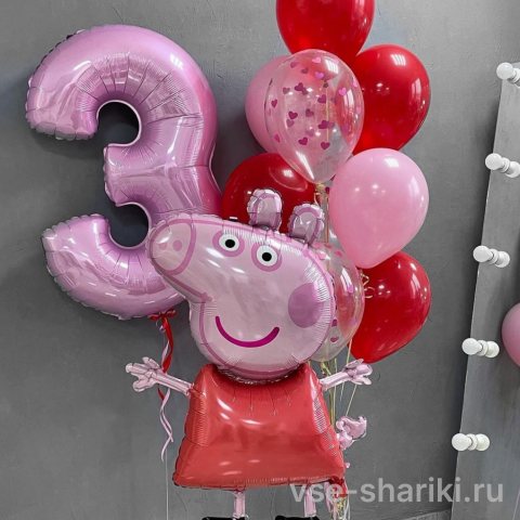 Фонтан из 10 шаров со Свинкой Пеппой и цифрой 3