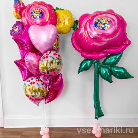 Набор из 12 фольгированных шаров с большой розой