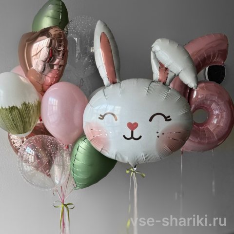 Набор с головой белой зайки, розовой цифрой и сердцами