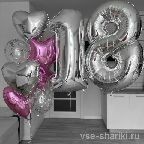 Композиция к 18-летию: цифры, розовые звёзды и три сердца