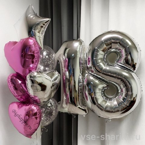 Композиция к совершеннолетию: цифры 18, сердца, звезда и конфетти