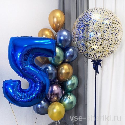 Фонтан из 22 хром-шаров с цифрой и шаром-гигантом с конфетти