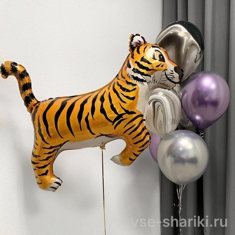 Фонтан из 7 шаров с фольгированным тигрёнком