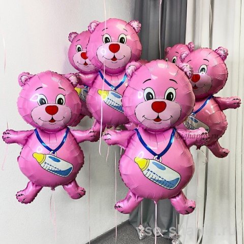 Фигура из фольги: розовый медвежонок с бутылочкой на выписку
