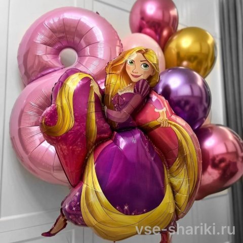 Букет с Рапунцель, цифрой и восемью шарами хром