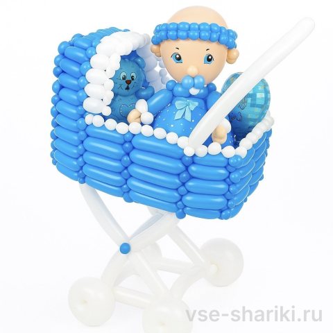 Фигура из шаров: синяя коляска с малышкой в платьице