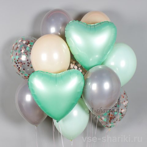 Набор с бирюзовыми сердцами и серебристым металликом, 12 шаров