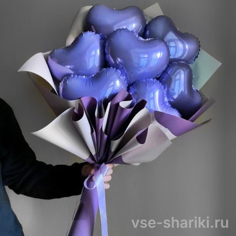 Букет из семи фольгированных сердечек фиолетового цвета