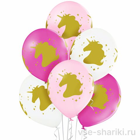 Шар с золотым единорогом и блёстками, латекс с гелием
