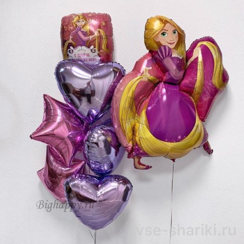 Композиция с Рапунцель, сердцами и звёздами из фольги