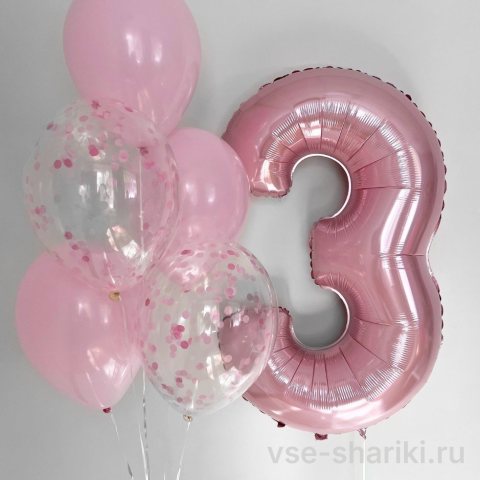 Букет с розовой цифрой 3 и шарами с конфетти