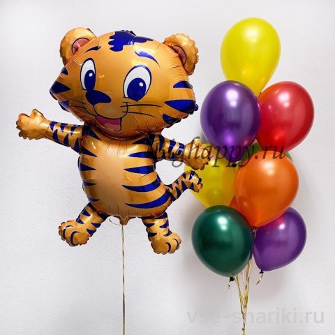 Фонтан из 10 разноцветных шаров и тигрёнка 91 см
