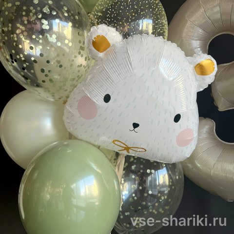 Фонтан из 9 шаров с белым мишкой и конфетти