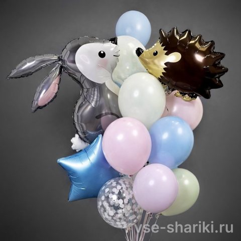 Букет из 13 шаров с зайкой и ёжиком