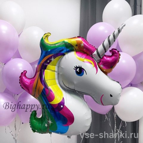 Набор с фольгированным единорогом и 20 бело-фиолетовыми шарами