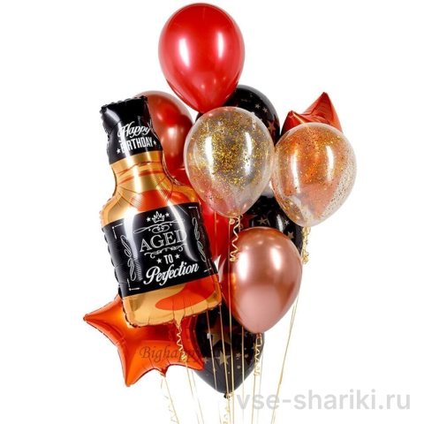 Фонтан из 12 шаров с фигурой бутылки виски и звёздами